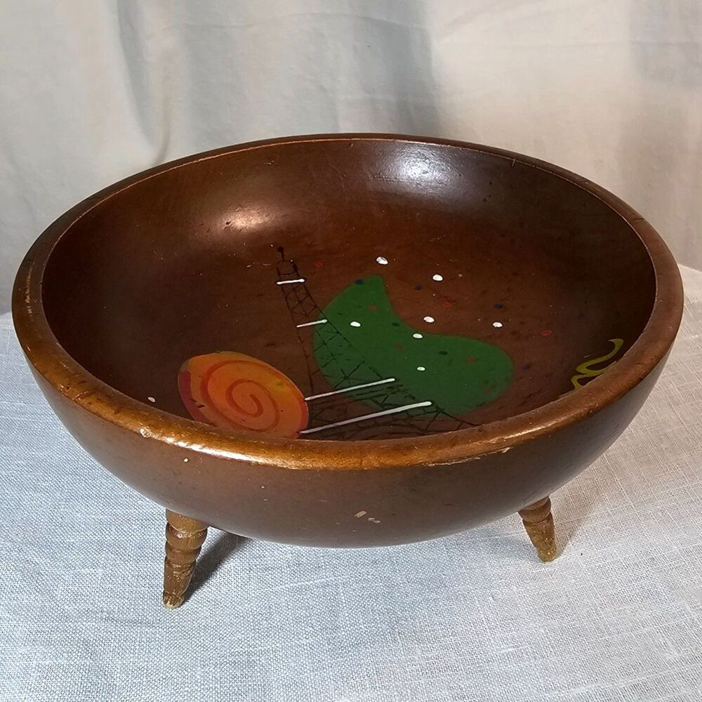 Vintage Woodpecker Woodware Bon Bon Wooden Footed Bowl Handmade Japan Paris
